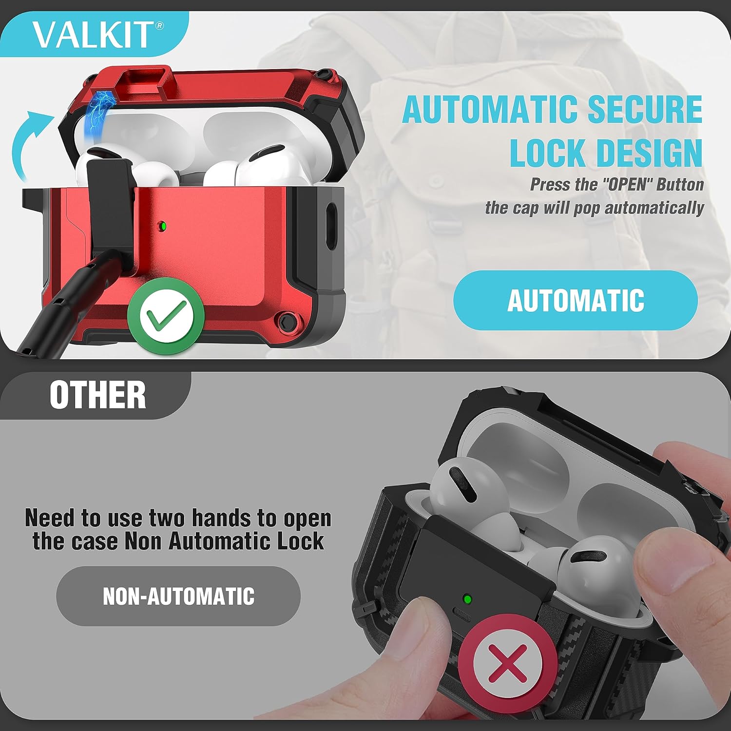 Valkit Funda compatible con Airpods Pro de 21 generación con kit de limpieza, funda militar para AirPod Pro 2 con cerradura y cordón, funda