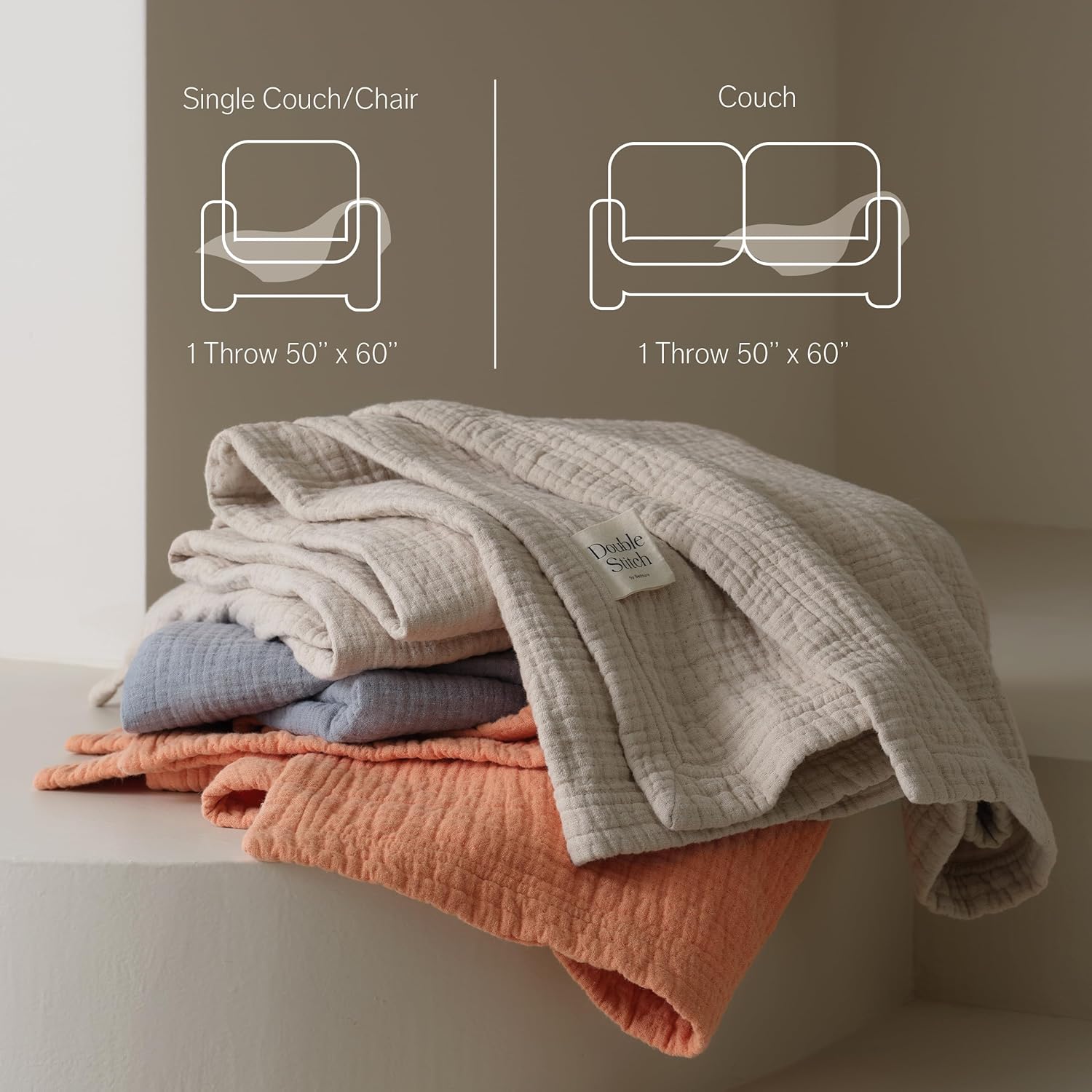 Double Stitch by Bedsure Manta para sofá, presentada en The Daily Beast, manta de muselina de mezcla de algodón de lino ligera y cálida, suave y