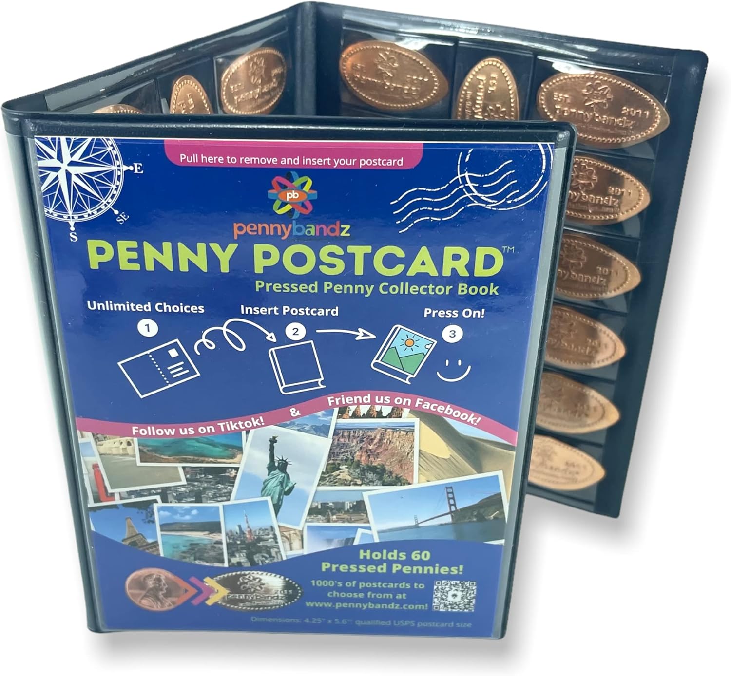 Penny Postcard – Libro de coleccionista prensado de tres pliegues con capacidad para 60 centavos prensados y tu postal favorita para tu portada (las