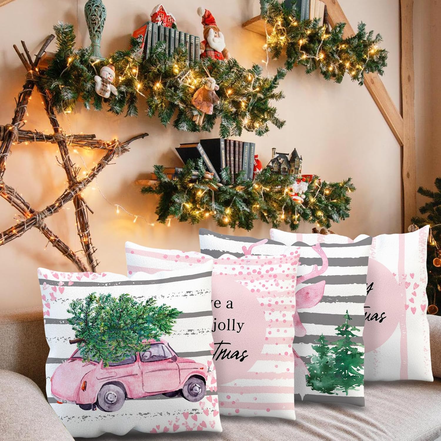 APROPHIC Juego de 4 fundas de almohada rosas de Navidad de 18 x 18 pulgadas, decoración de vacaciones de granja a rayas con árboles alegres y renos,