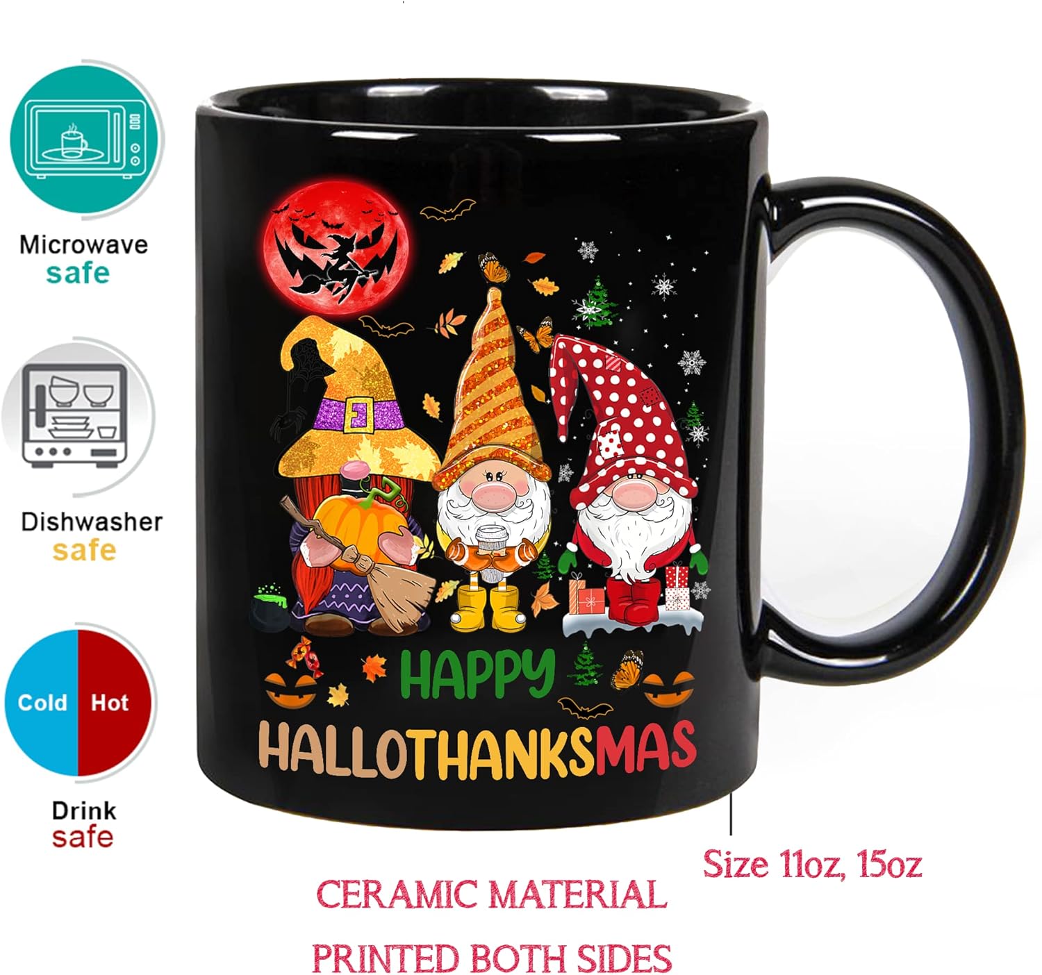 Gnomos Acción de Gracias, Halloween y Feliz Navidad  Gnomos Happy Hallothank Gnomos, gato, unicornio, Tee 2020-2021  Taza de café de cerámica (11