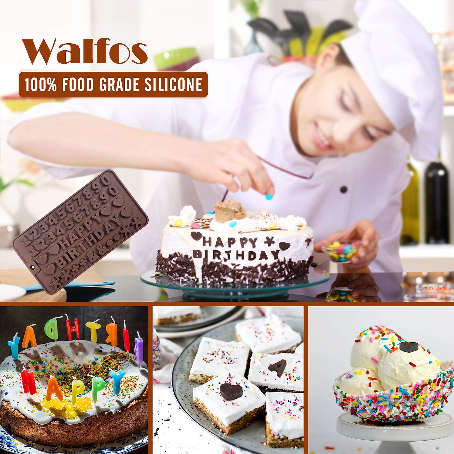 Walfos Molde de silicona para letras y números de chocolate, molde antiadherente para chocolate, hecho de silicona de grado alimenticio, sin BPA,