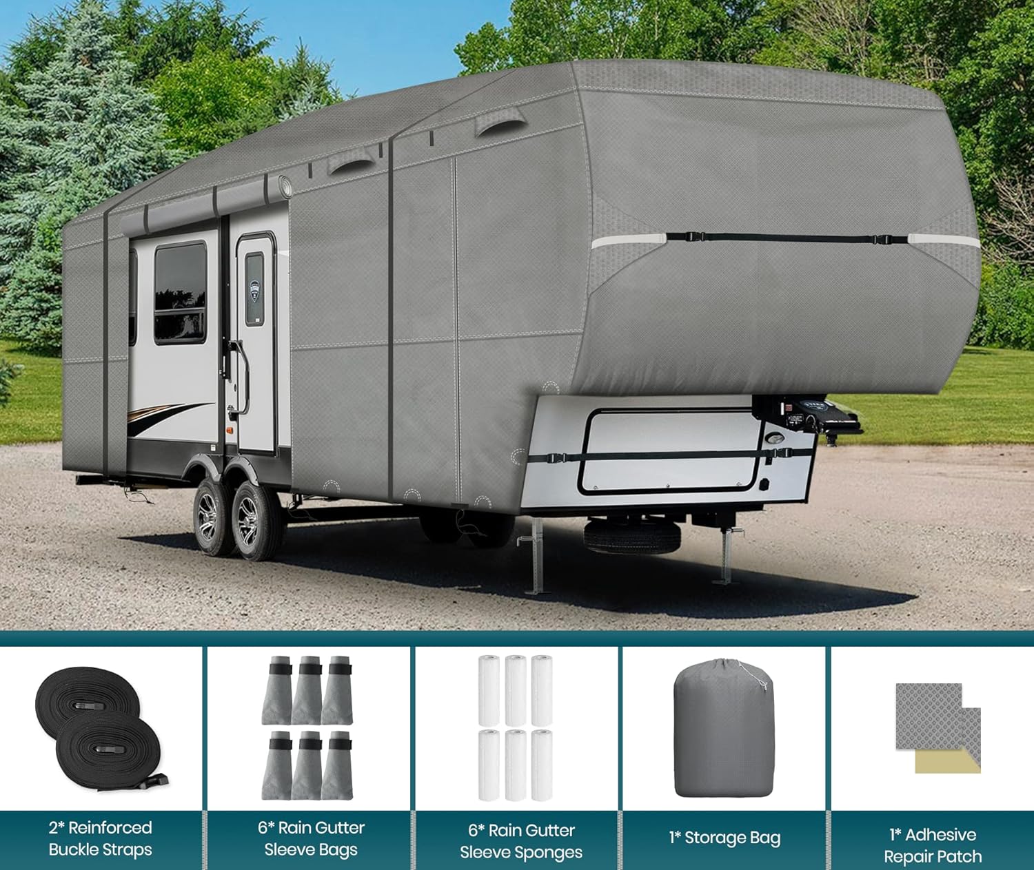 Funda para autocaravana de 5 rueda de 26 a 29 pies, cubierta de cámper, resistente al agua con 2 correas extra resistentes al viento