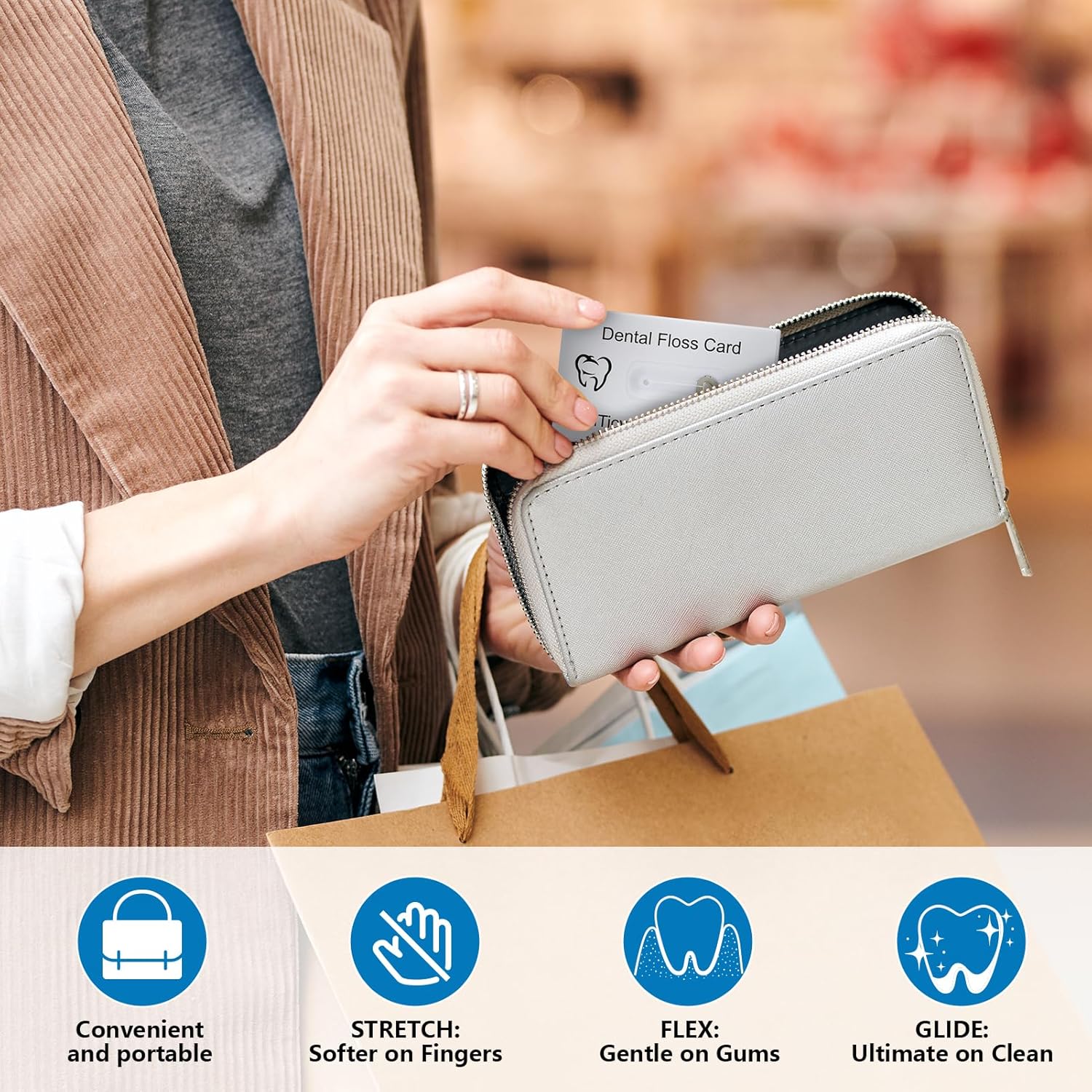 Hilo dental de limpieza profunda encerado en una tarjeta de crédito con espejo, perfecto para personas con espacios estrechos y pequeños entre los