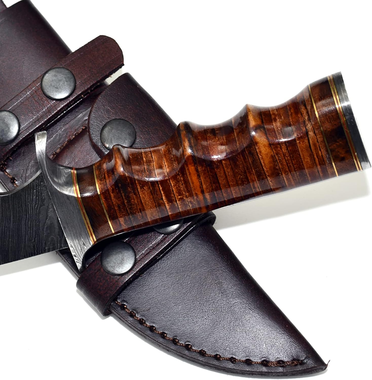 Cuchillo de caza de Damasco, cuchillo Bowie con mango de cuero apilado y funda de 12 pulgadas
