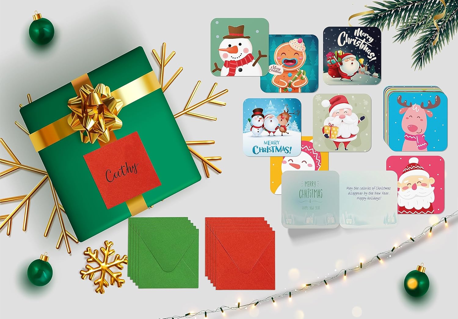 Better Office Products Mini tarjetas de felicitación de Navidad y sobres, 3 x 3 pulgadas, 25 diseños únicos con sobres rojos y verdes, pequeñas