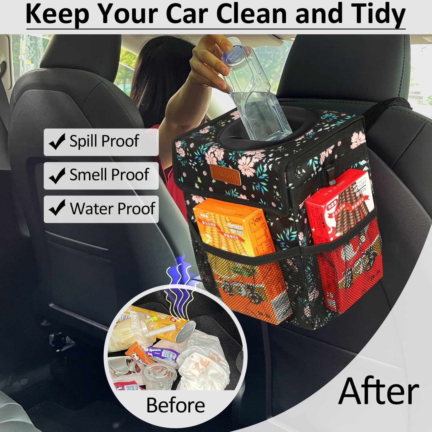ELONGRIVER Cubo de basura para el asiento trasero del automóvil, a prueba de fugas, bonita bolsa de basura para automóvil, cubo de basura para