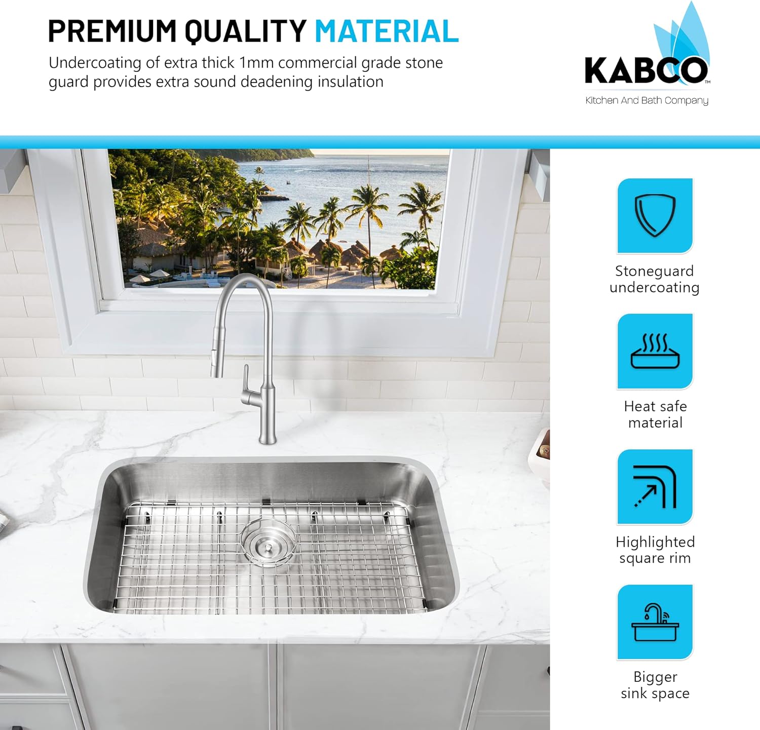 KABCO Fregadero de cocina de acero inoxidable de 30 pulgadas compatible con la ADA, con colador de fregadero, cesta de basura extraíble y rejilla de
