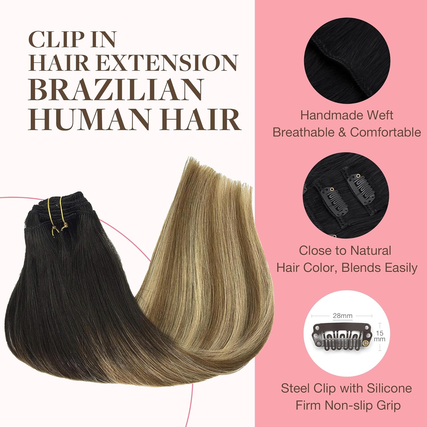 GOO GOO – Extensiones de cabello humano Remy con clip en ombré color castaño oscuro a castaño y rubio sucio de 22 pulgadas, 7 piezas de 4.23oz