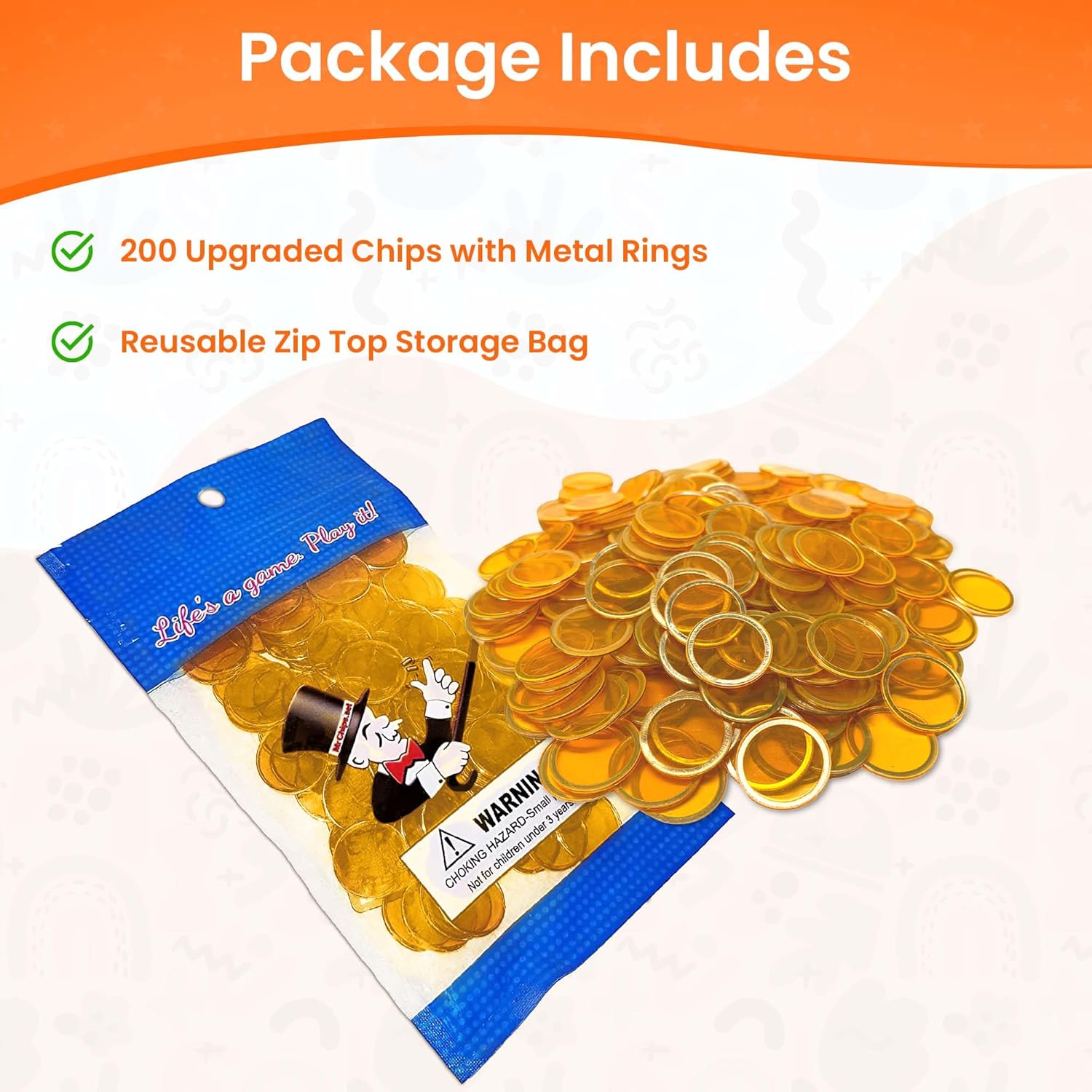 MR CHIPS Chips de bingo magnéticos con borde de metal de 34 de pulgada, 200 piezas mejoradas de color naranja transparente, disponibles en 7 colores