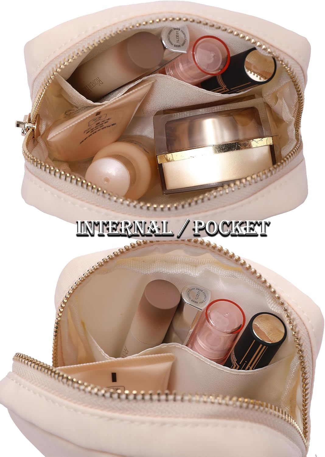 Preppy Patch – Bolsas de maquillaje con letras con purpurina, bolsa de cosméticos de viaje, bolsa de nailon impermeable para mujeres y niñas, Beige,