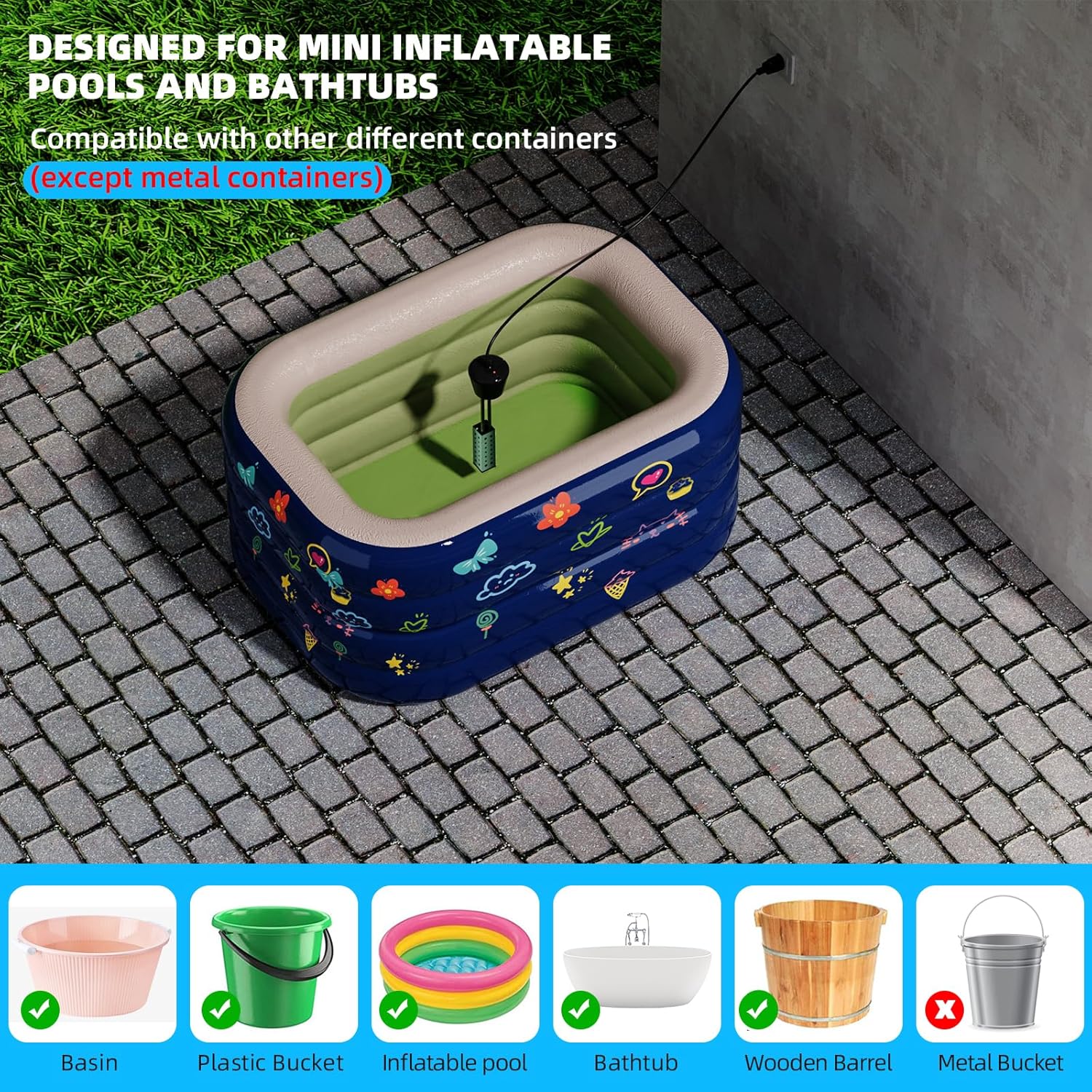 Calentador de agua de inmersión de 2000 W, diseñado para mini piscinas y bañeras inflables, calentador de piscina para piscina sobre el suelo y