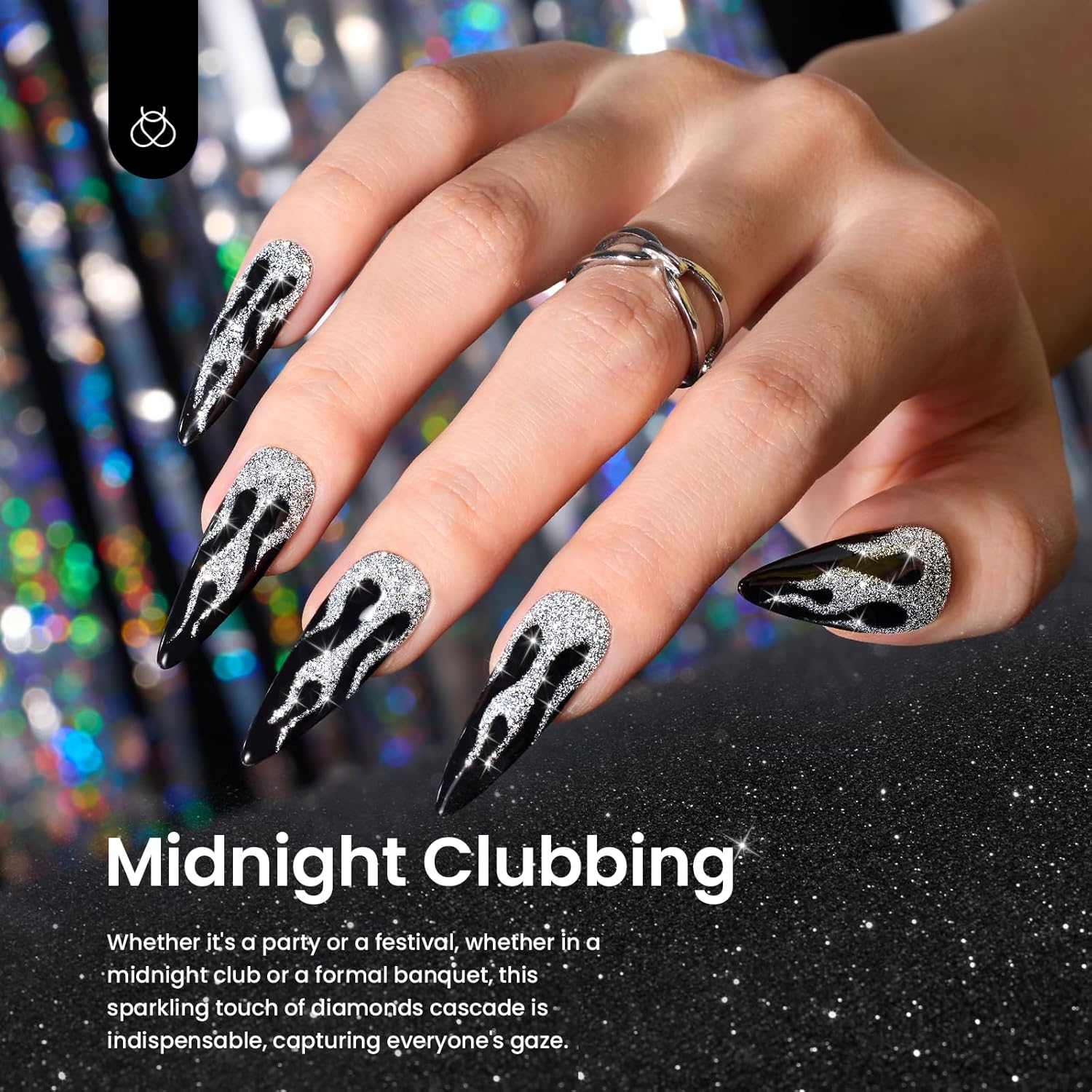 Beetles Gel Polish Juego de 2 esmaltes de uñas con revestimiento de purpurina Midnight Clubbing, esmalte de uñas de gel negro plateado con purpurina