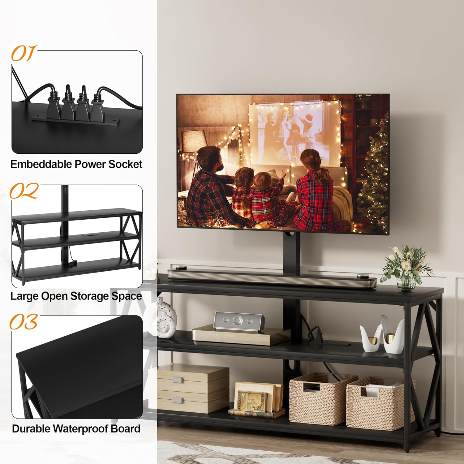 Furmax Soporte de TV con soporte y toma de corriente, soporte giratorio universal de altura ajustable para televisores de hasta 75 pulgadas, centro