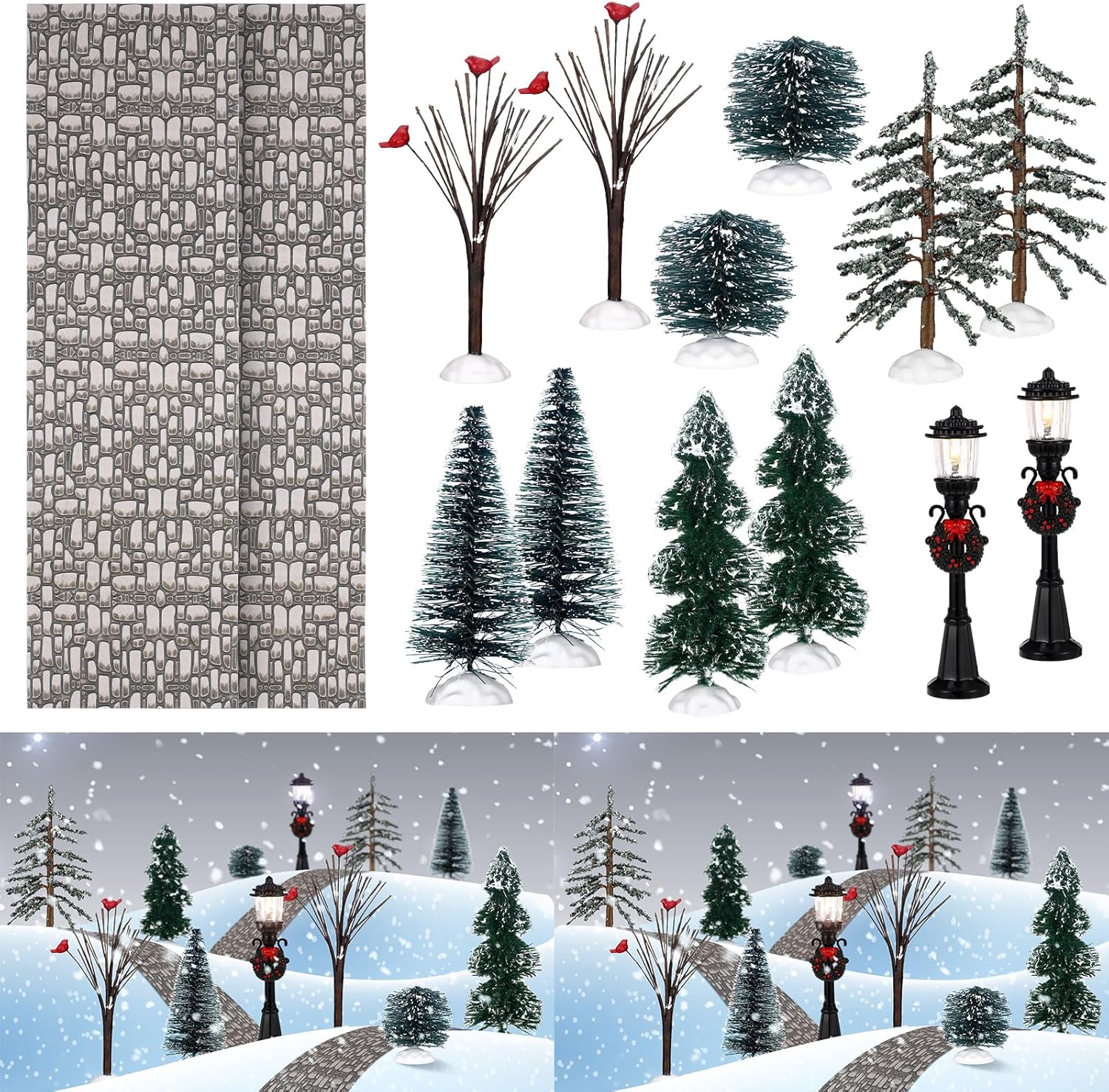 14 piezas de accesorios de Navidad, figura de pueblo, pinos en miniatura, nieve, árboles de Navidad artificiales, ramas desnudas, lámparas de calle,