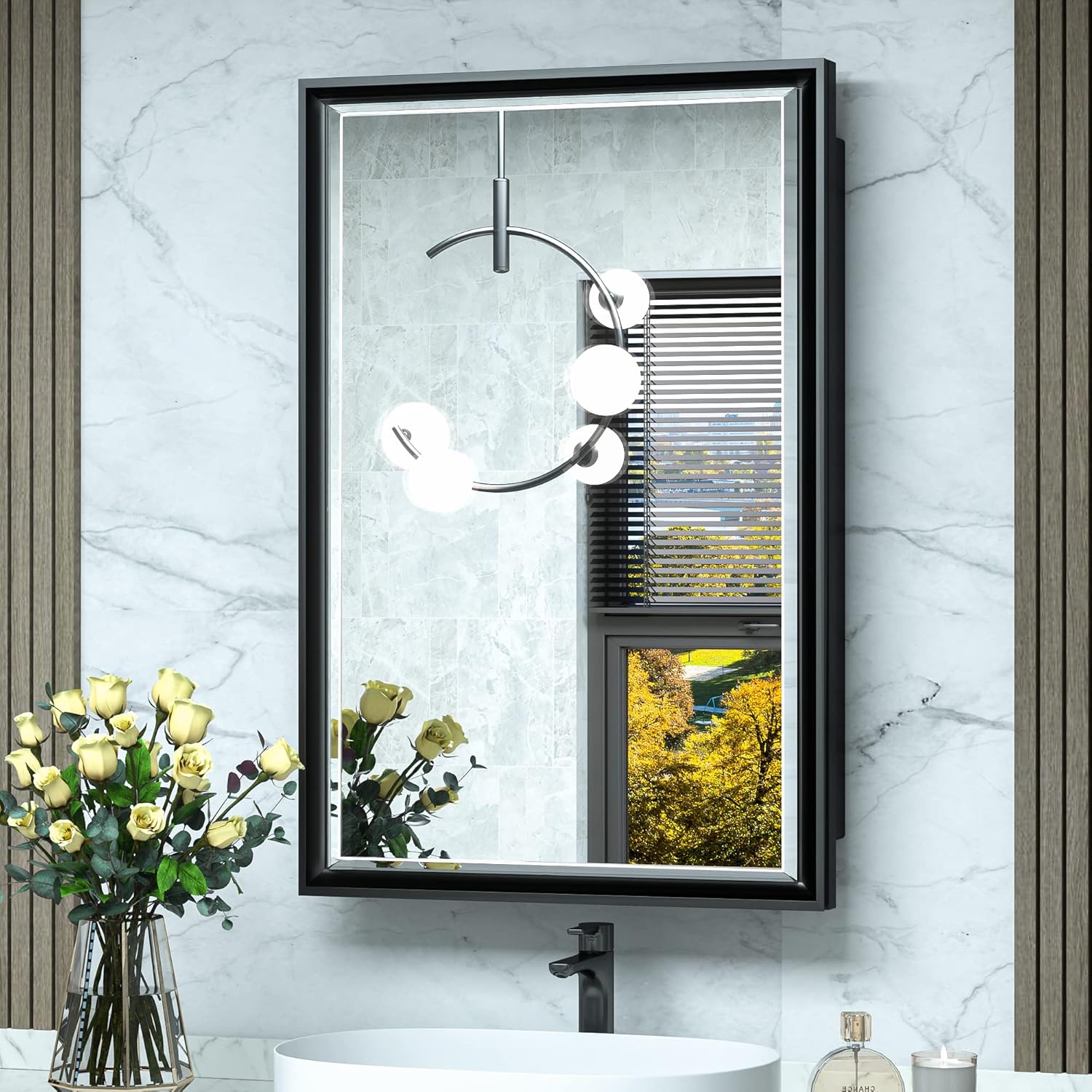 TokeShimi Botiquín empotrado de 16 x 24 pulgadas, espejo de tocador de baño, superficie enmarcada de metal negro, montado en la pared con bordes