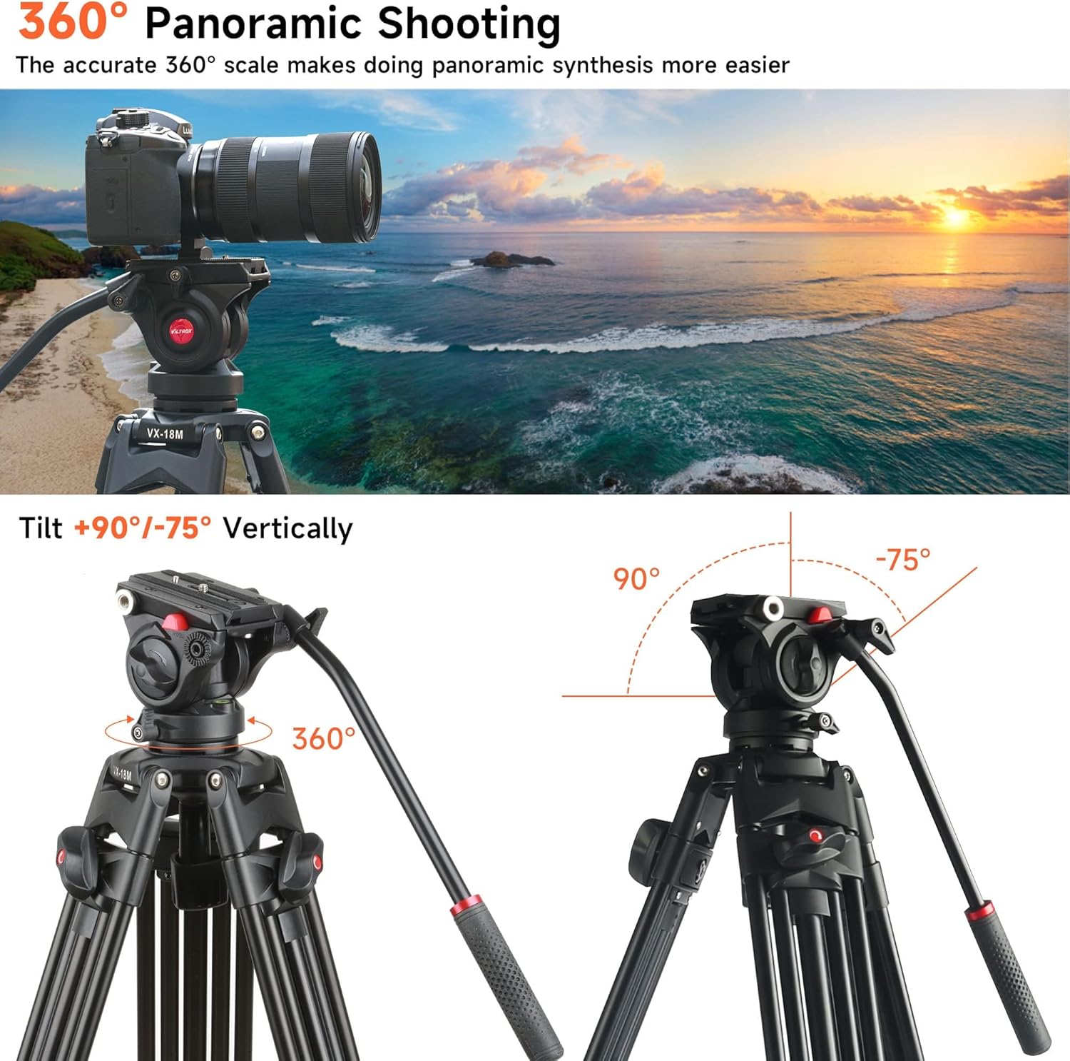 VILTROX Trípode de cámara de video profesional de 74 pulgadas74.0 in con cabezal de arrastre fluido y placa QR, tubo doble de aluminio, para Canon