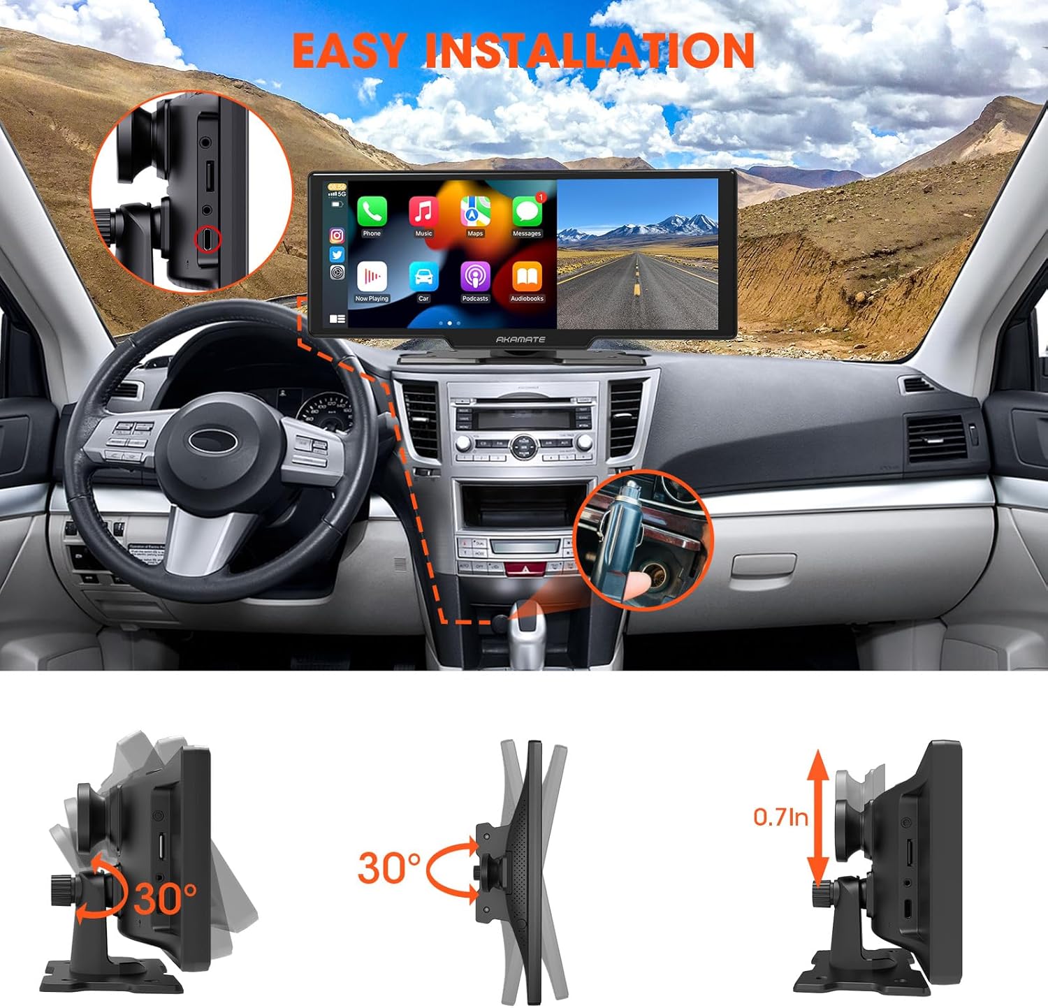 Pantalla portátil de Apple CarPlay montaje en tablero estéreo inalámbrico Android Auto con cámara de tablero de 2.5 K – Pantalla HD IPS de 10.26
