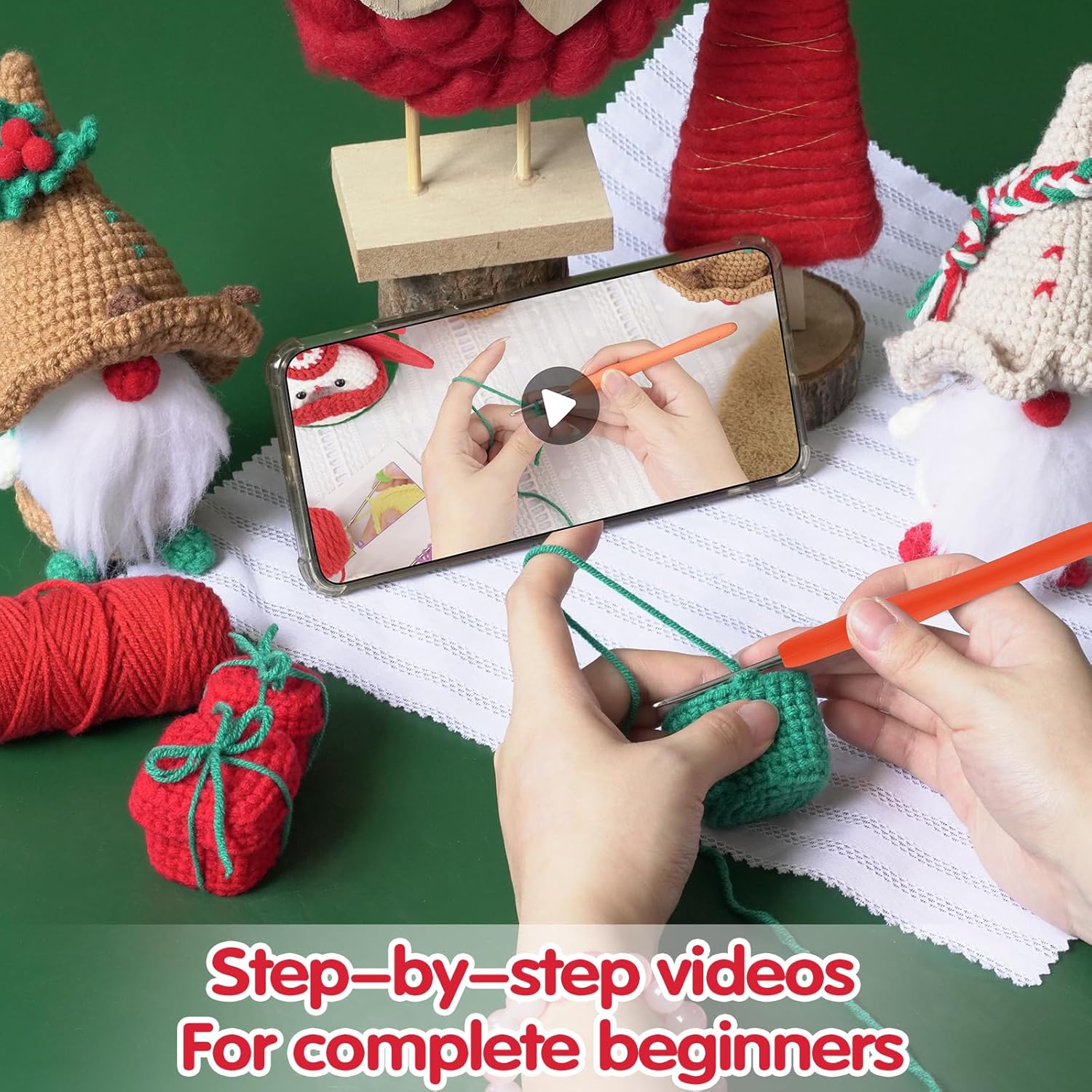 WILSHIN Kit de ganchillo – Juego completo de ganchillo de elementos navideños – Kit de ganchillo todo incluido con videos tutoriales paso a paso