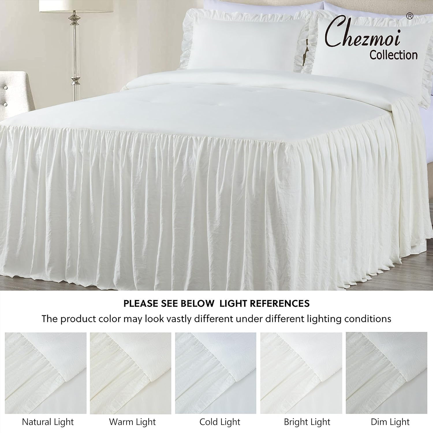 Chezmoi Collection Sinclair – Juego de colcha de 3 piezas con falda con volantes, estilo campestre francés chic, matrimonial, marfil