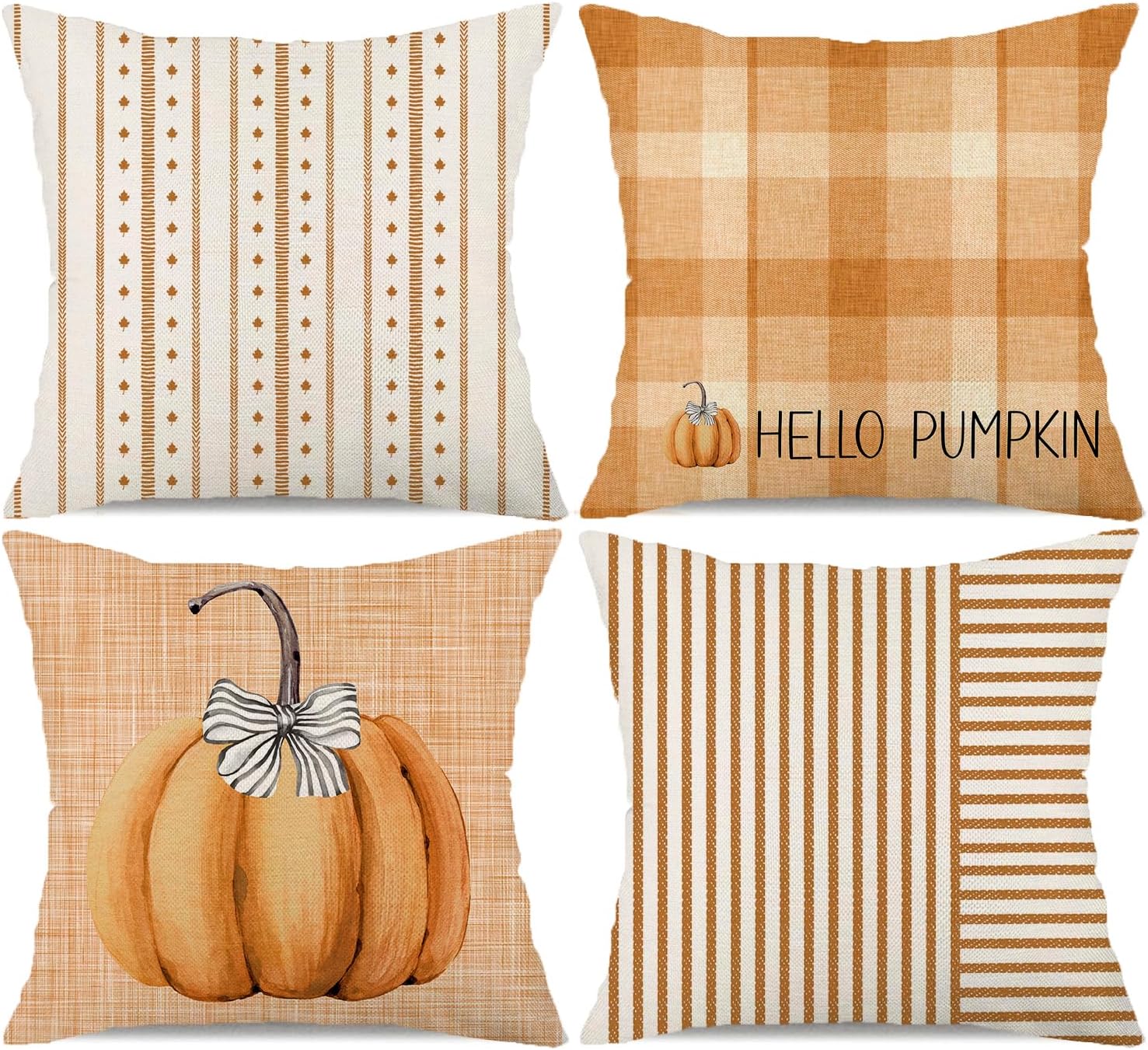 Juego de 4 fundas de almohada de granja a rayas naranjas de 16 x 16 pulgadas, juego de 4 almohadas decorativas de otoño y Acción de Gracias, fundas