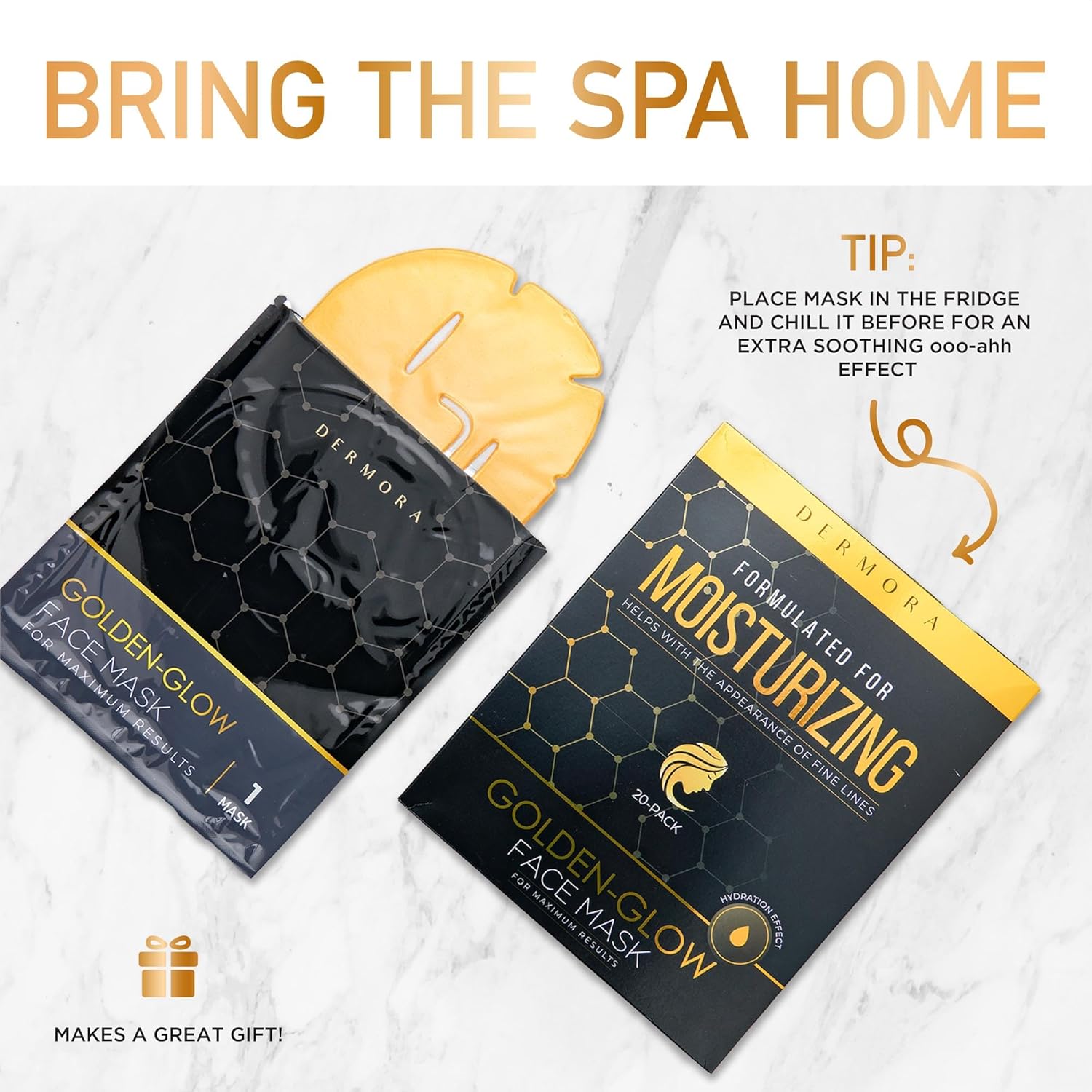 DERMORA Máscara de tratamiento de la piel, máscara facial de brillo dorado, paquete de 20 máscaras faciales de gel, máscaras faciales