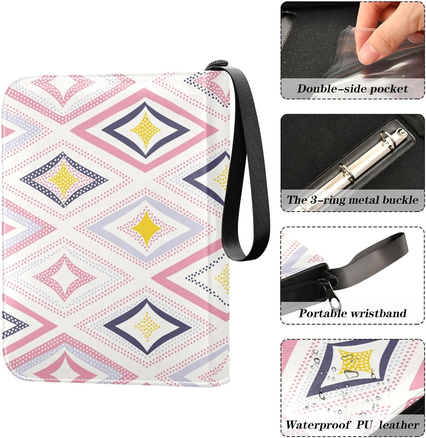 4 Pockets Trading Card Album Holder Book Folder Sports Card Binder Doodle Rhombus 400 Double Side Pockets for 3 Ring Binder Zipper