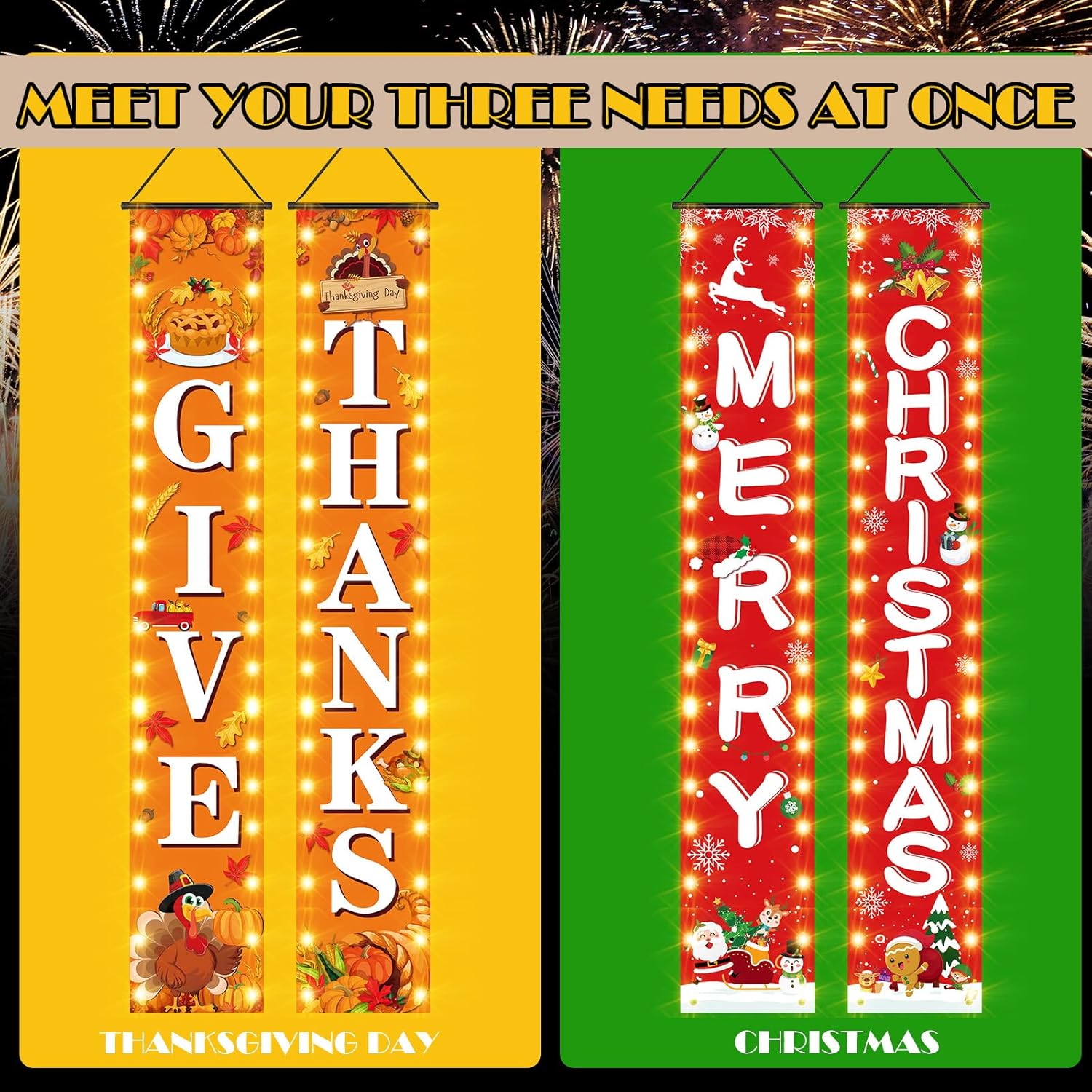 2 pares de carteles de Navidad y Acción de Gracias para porche con cadena de luces LED, Acción de Gracias, Navidad, colgantes, decoración de puerta