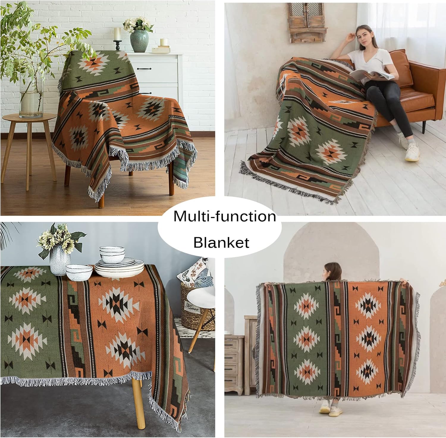 Pretyw Manta azteca del suroeste con borlas, acogedora manta reversible del suroeste navajo multifunción para sofá, silla, sofá, cama, viajes al