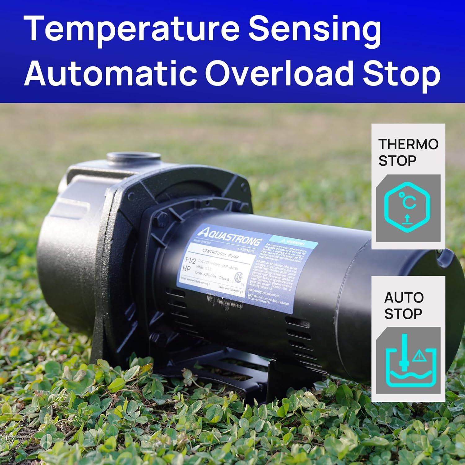 AQUASTRONG Bomba centrífugade chorro de 1.5 HP, 4250 GPH, 115230 V, bomba de hierro fundido duradera para riego y aspersor de césped