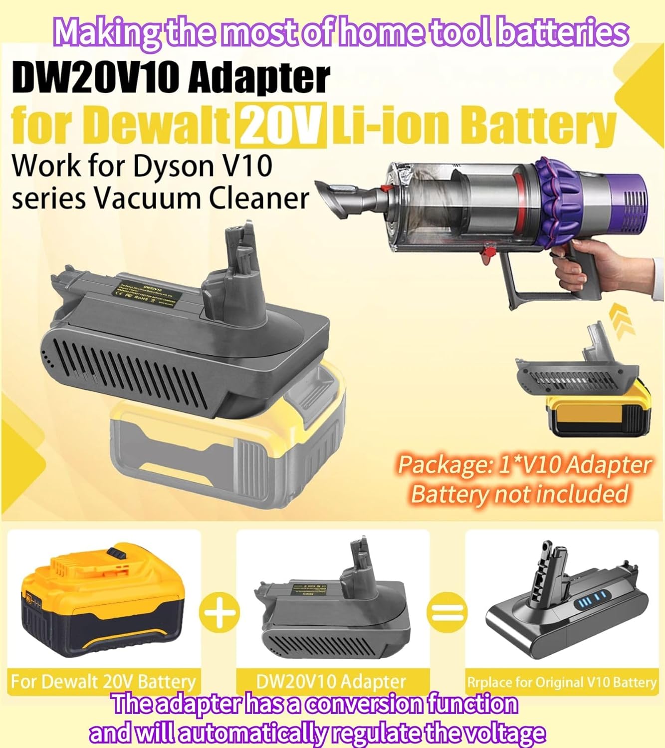 MAKBOS Adaptador de batería V10 para Dewalt para Dyson V10 de repuesto 25.2 V batería original, para Dyson V10 Animal Absolute Motorhead Fluffy
