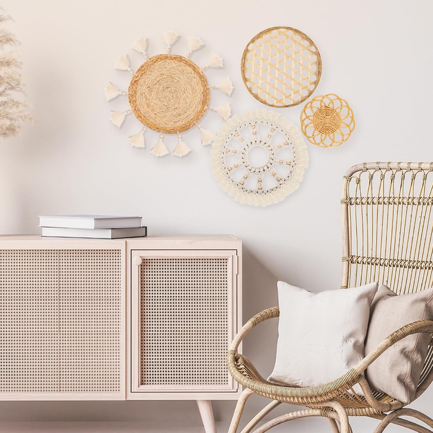 Juego de 4 decoraciones bohemias para colgar en la pared, cesta de pared tejida plana, hecha a mano, redonda, blanco, macramé, bandeja elegante,