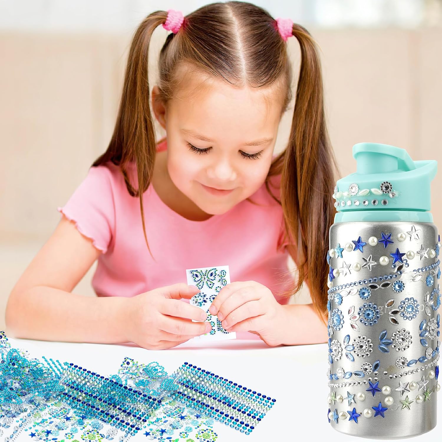 Regalo para niñas, decora tus propias botellas de agua con calcomanías de arte de gemas, calcomanías para botellas de agua, kits de arte para niños