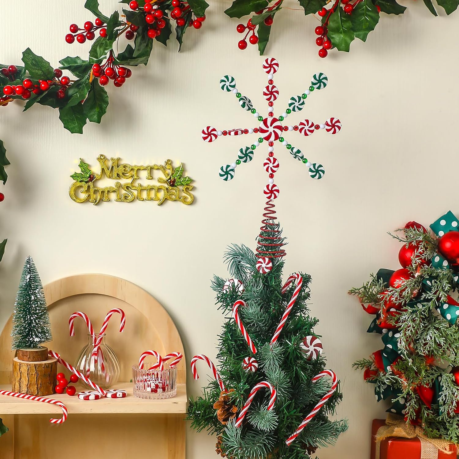 Shappy Juego de 26 adornos de árbol de Navidad con forma de copo de nieve de caramelo, bastones de caramelo de menta, adornos para árbol de Navidad,