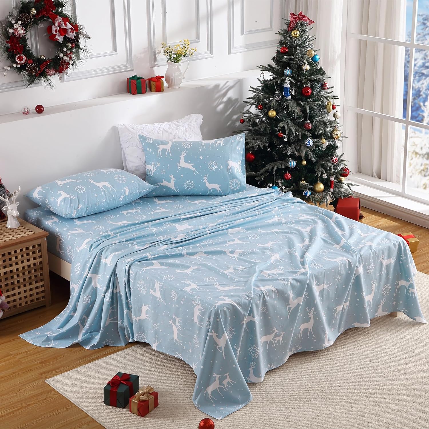 STARBEDIA Juego de sábanas de Navidad tamaño matrimonial, sábana bajera de bolsillo profundo, sábana bajera de bolsillo profundo, sábana de Navidad