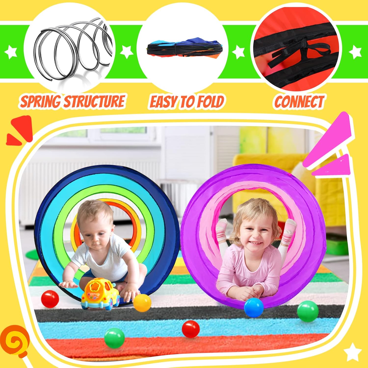 Tienda de campaña de túnel de juego para niños pequeños, paquete de 2 túneles de 6 pies para bebés, niños o perros gatos, regalo plegable para niños