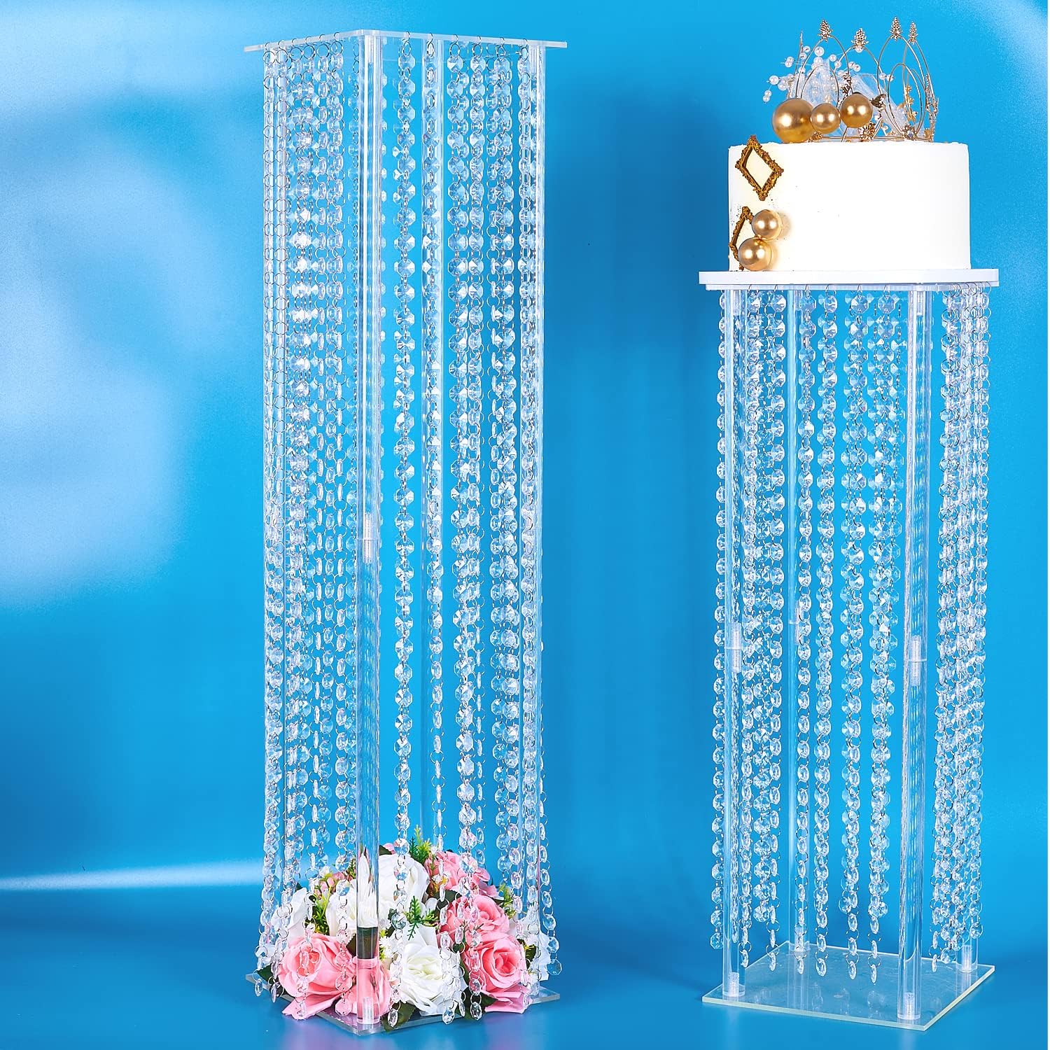 Soporte de flores de columna de acrílico con cuentas de cristal de araña, 2 piezas de 31.5 pulgadas, jarrones altos de acrílico para centros de