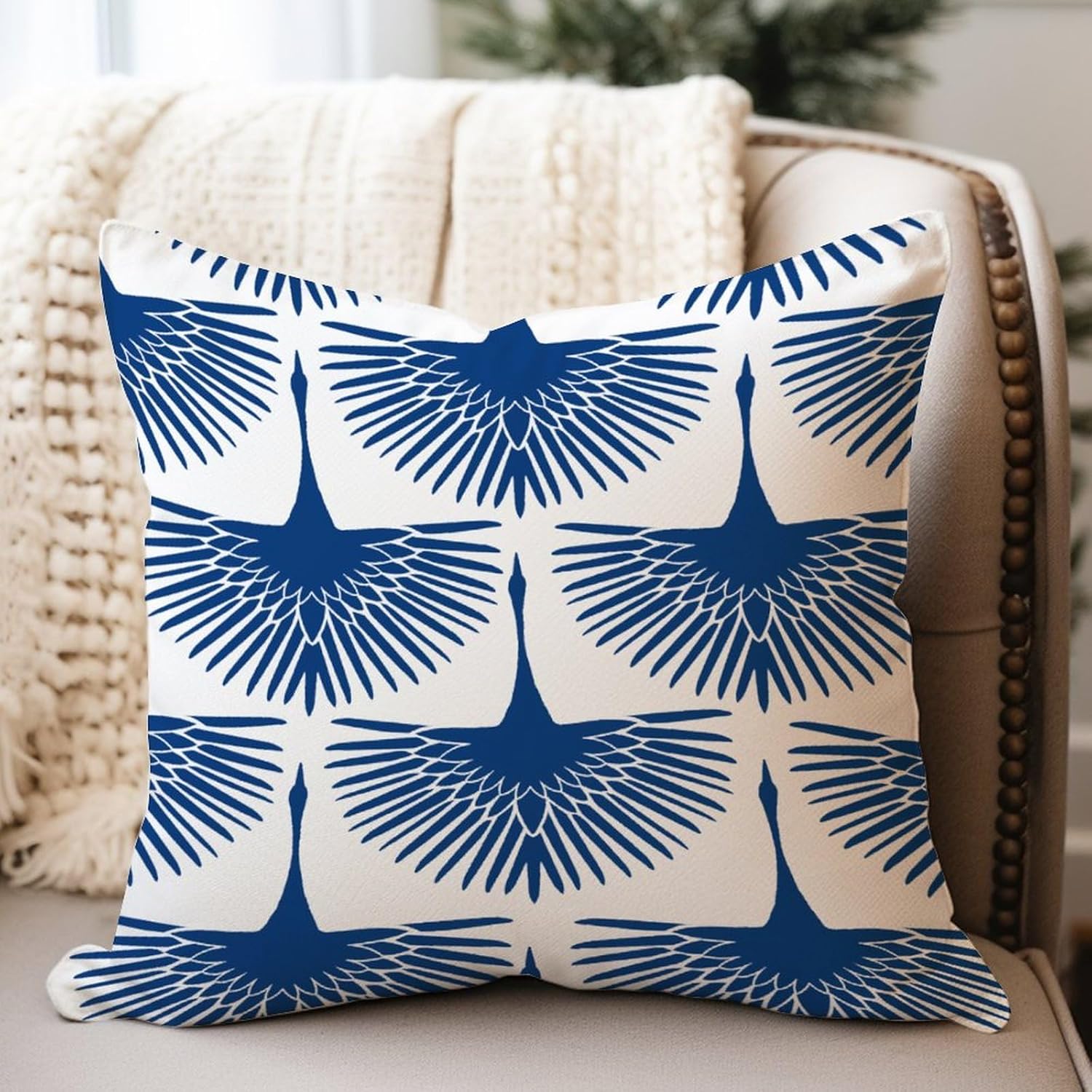 Swan Flock – Funda de cojín azul con diseño de pájaro azul, funda de almohada para sofá, chinoiserie japonesa, 16 x 16 pulgadas, almohadas de lino
