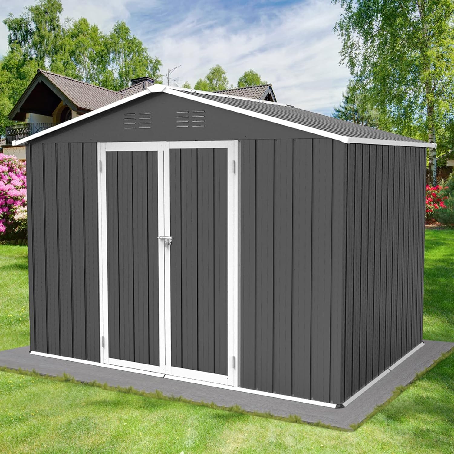 Cobertizo de almacenamiento para exteriores de 8 x 6 pies, cobertizo de metal para exteriores con puertas y rejillas de ventilación, cobertizo de