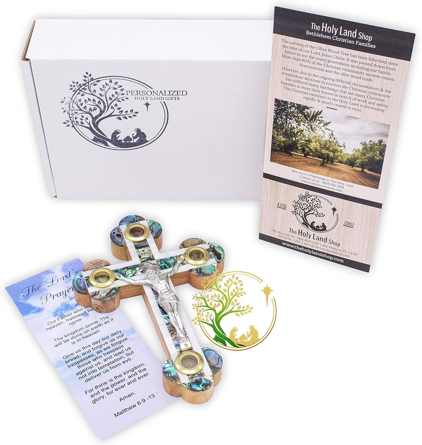 Cruz de madreperla católica de madera de olivo – Crucifijo de pared con reliquias de Tierra Santa