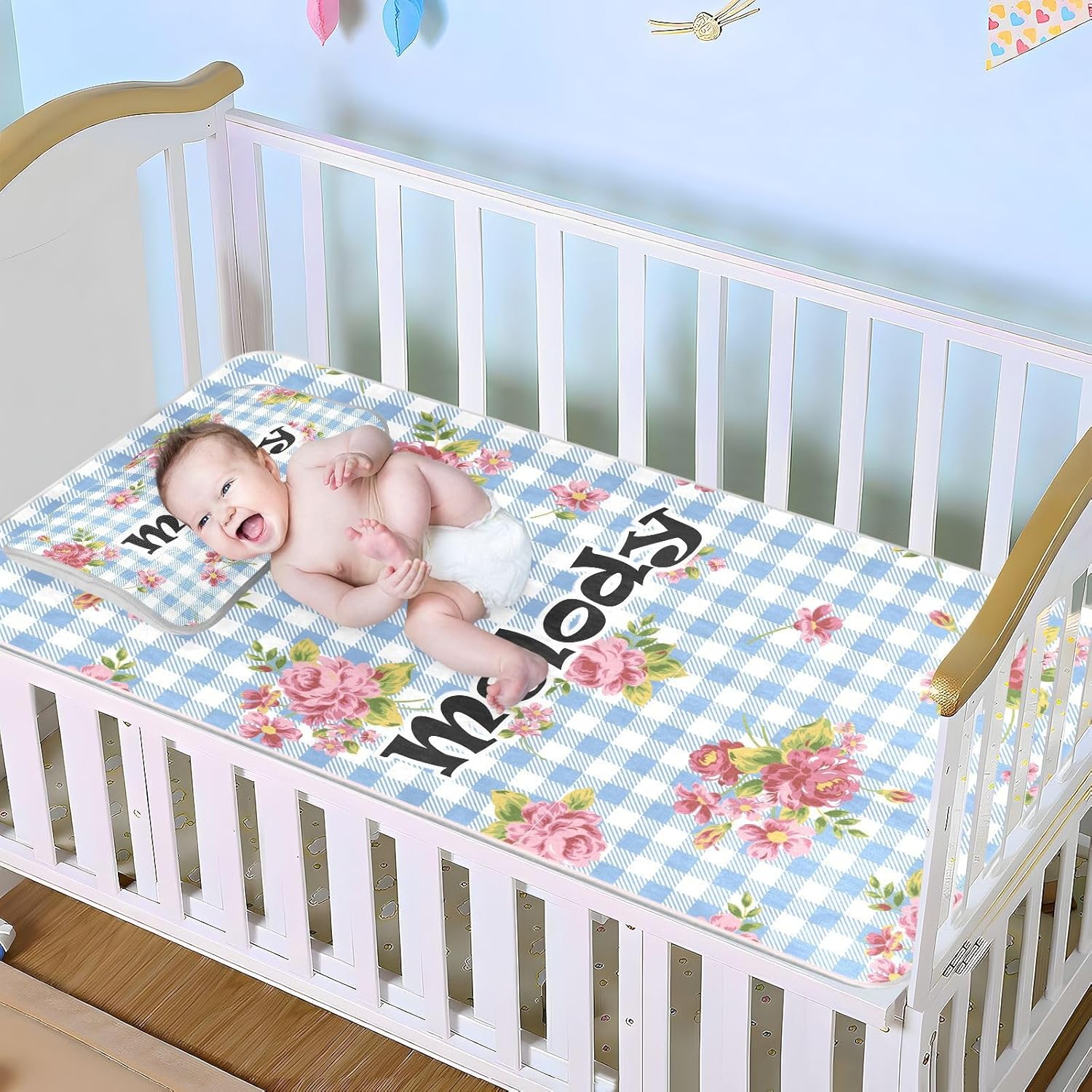 Protector de colchón personalizado de rosas y flores a cuadros para cuna, para niños y niñas, tapete de seda de hielo, colchón, colchón refrescante