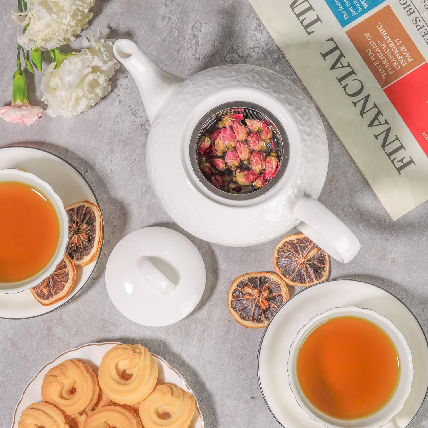 ComSaf Tetera de porcelana con infusor extraíble y tapa de 33.8 fl oz (4-5 tazas), tetera grande con infusor de malla fina de acero inoxidable,