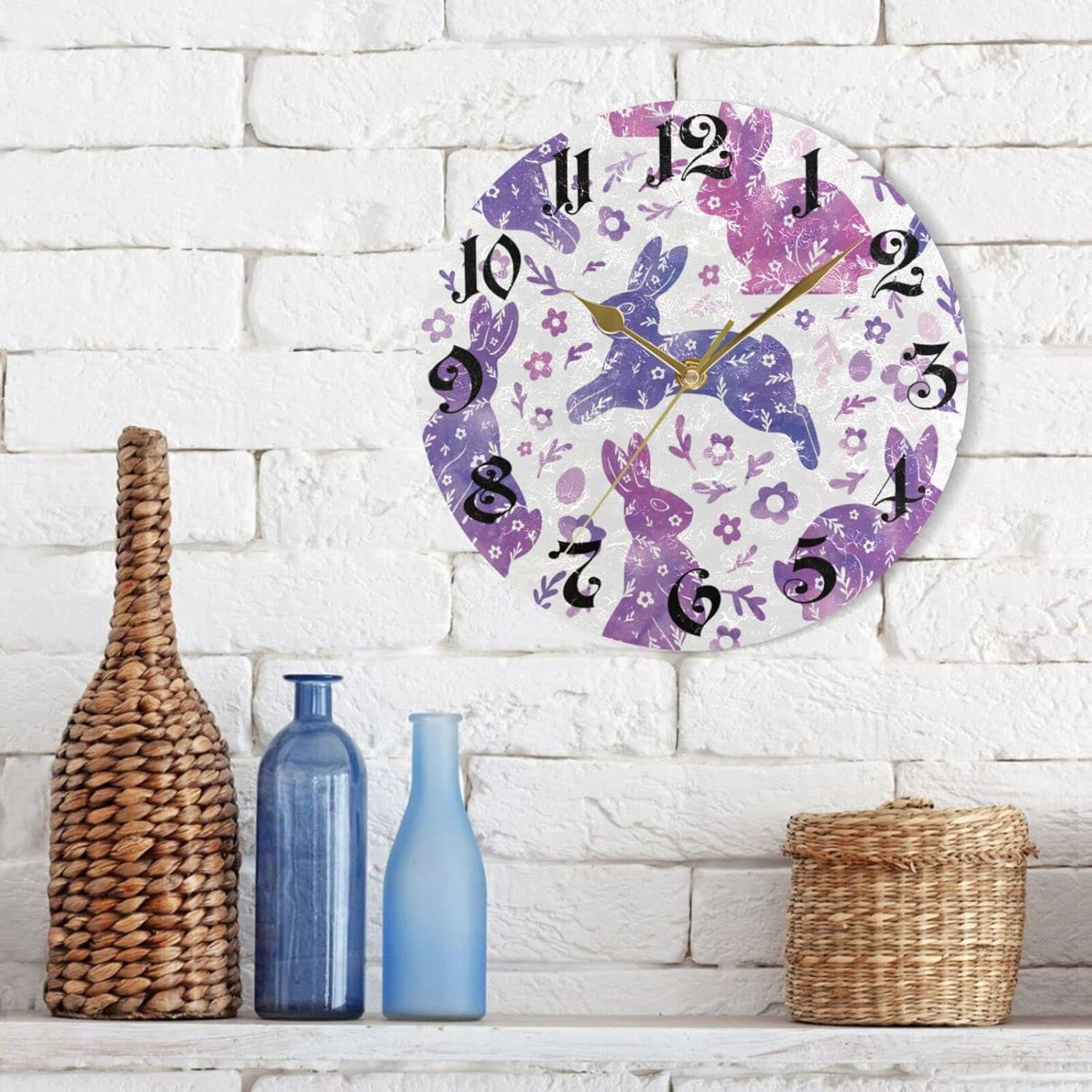 ZOEO Reloj de pared redondo de 10 pulgadas, silencioso, sin tictac, reloj de pared con conejito morado, funciona con pilas, para decoración de sala