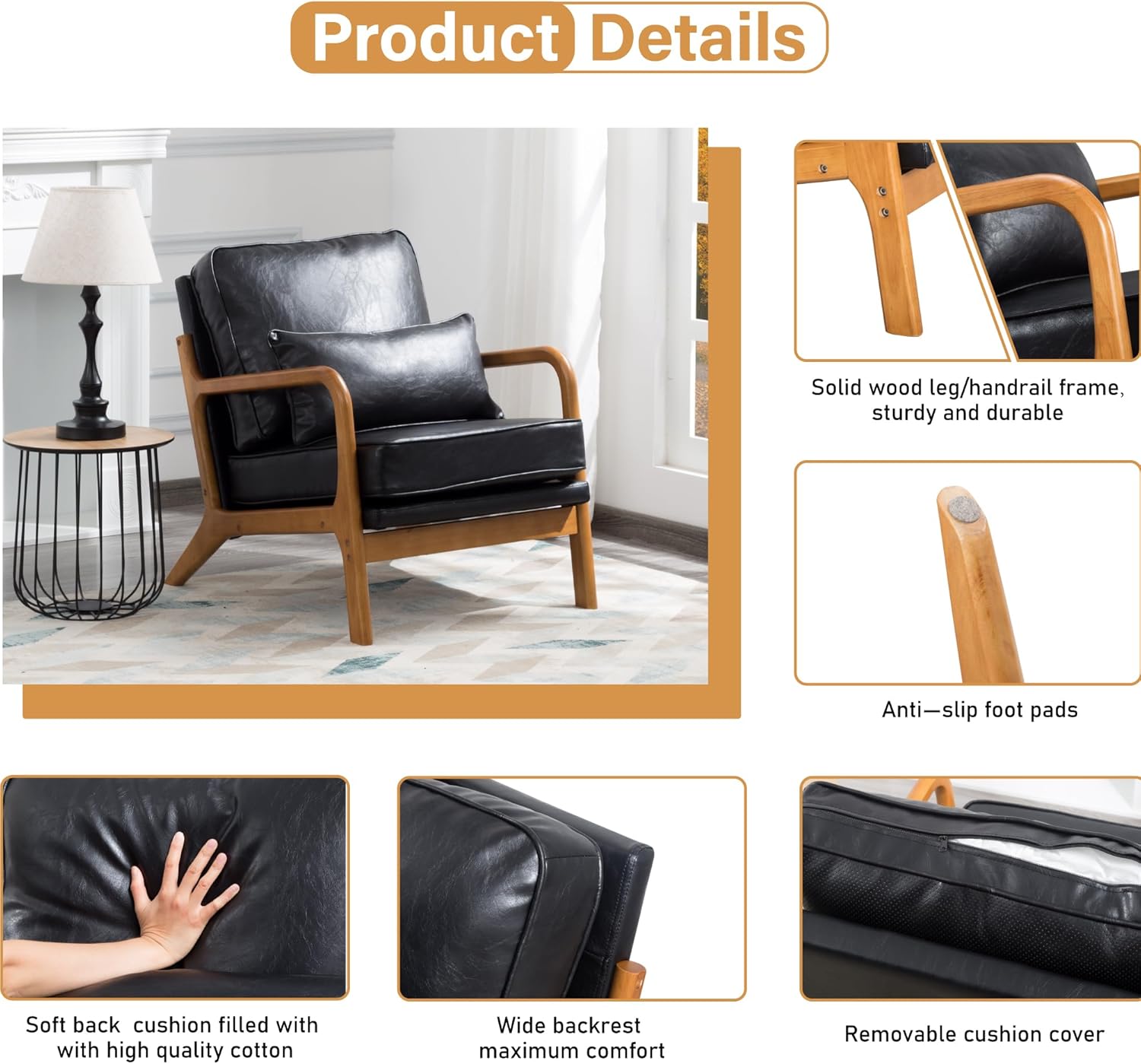 Hosnnile Silla decorativa con cojín, sillón tapizado moderno de mediados de siglo con piel sintética + marco de madera maciza para sala de estar,