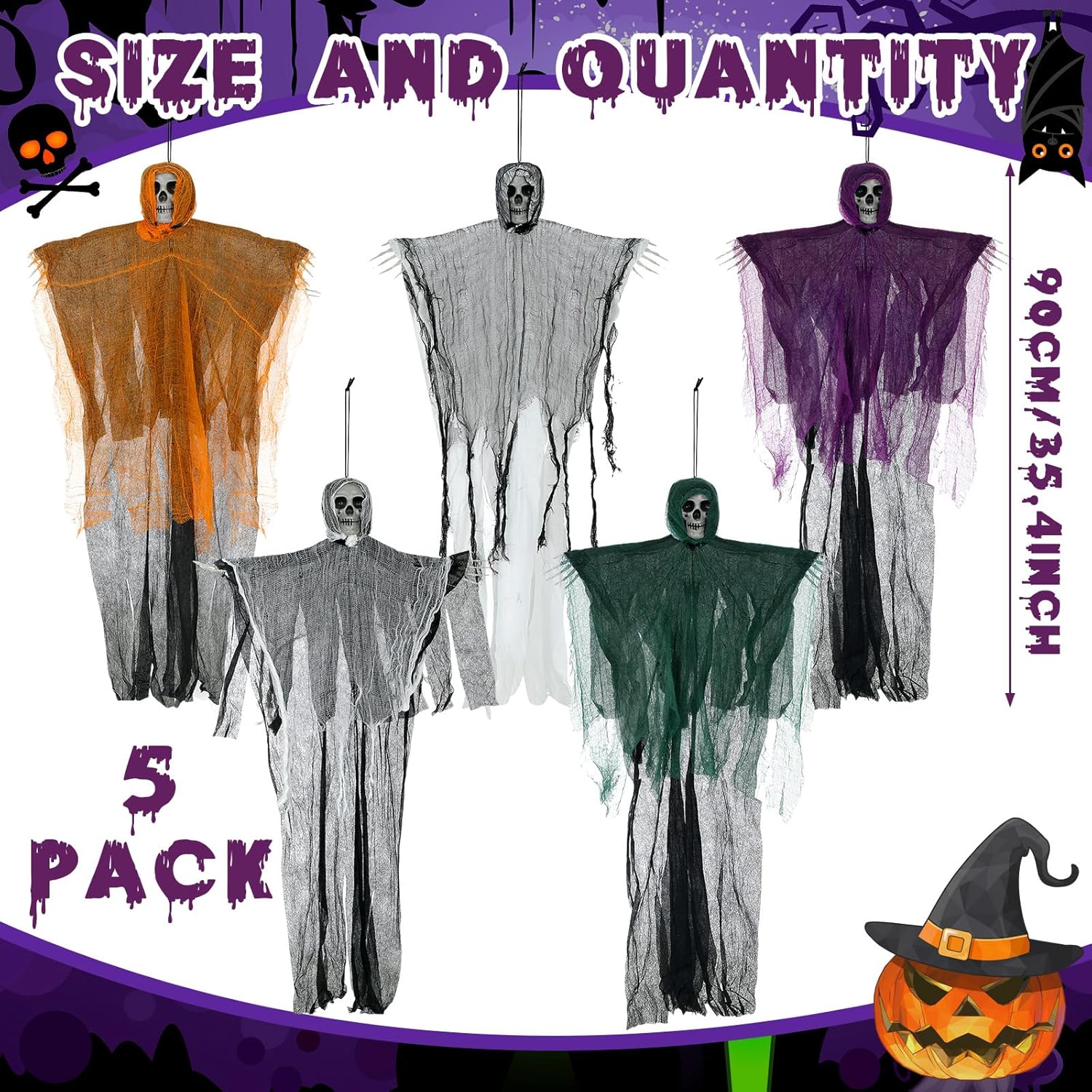 5 piezas de 35 pulgadas de Halloween colgantes de parca colgantes de esqueleto de Halloween, fantasmas, decoración de fantasmas colgantes,
