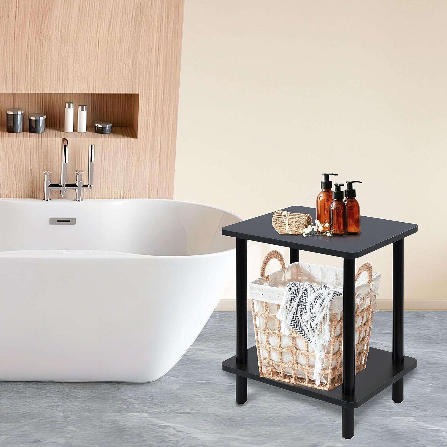 Yawinhe Mesa auxiliar de 2 niveles, mesita de noche de 15.7 x 11.8 x 20.5 pulgadas con estante de almacenamiento, moderna mesa auxiliar de madera,