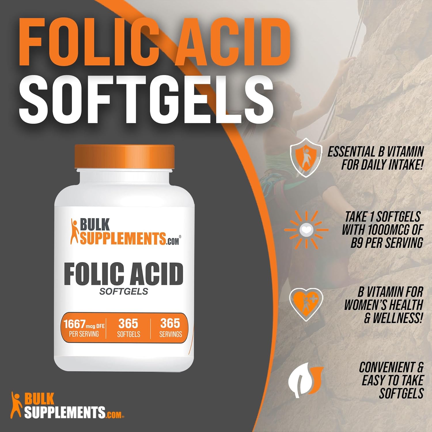 BULKSUPPLEMENTS.COM Ácido fólico 1000mcg – Cápsulas blandas de ácido fólico, vitamina B9, suplemento de ácido fólico, vitaminas prenatales de ácido