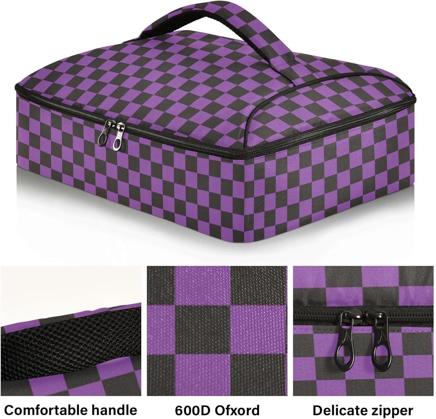 Kcldeci Bolsa aislante para cazuela de ajedrez, color negro y morado, para alimentos calientes o fríos, bolsa térmica para picnic, cocinas, beac