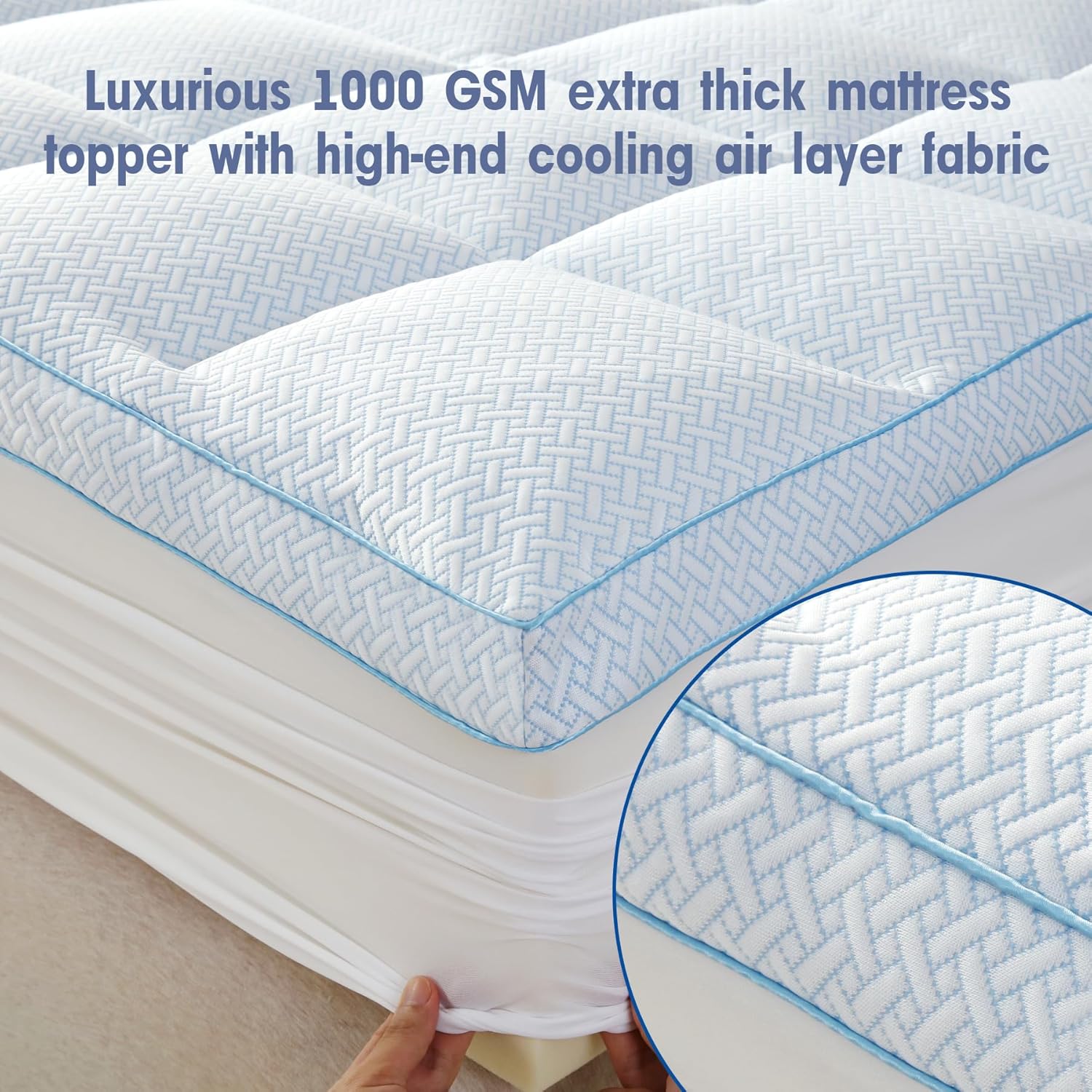 Cubrecolchón de tamaño matrimonial, funda de colchón refrescante con relleno alternativo de plumón de 31.75 oz, protector de colchón extra grueso
