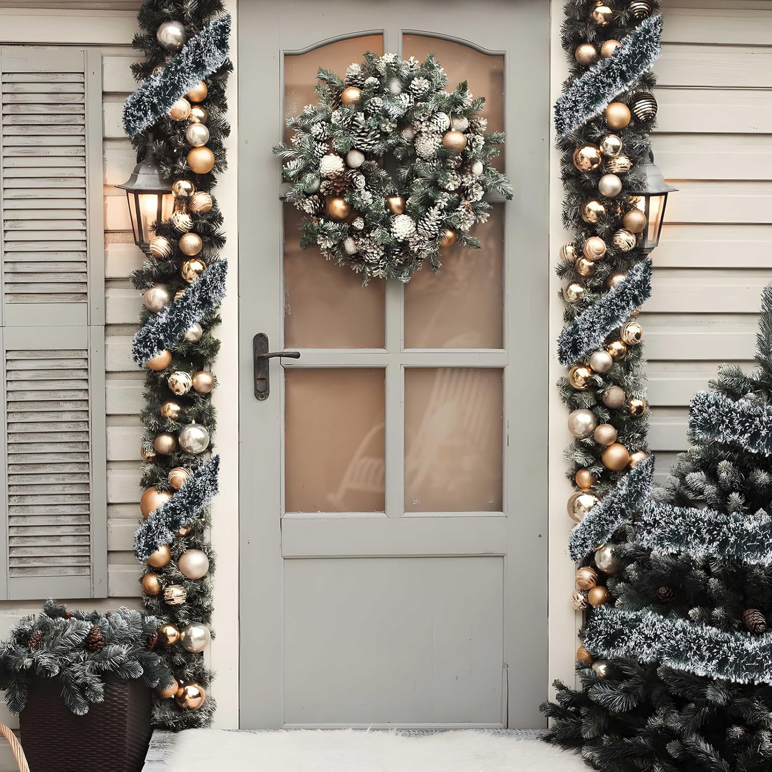 Guirnalda de oropel de Navidad de 32.8 pies, guirnalda metálica colgante verde negruzco con borde blanco para decoración de árbol de Navidad,